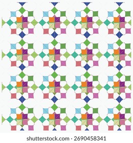 Um padrão geométrico perfeito de quadrados e diamantes multicoloridos, criando um efeito colorido de ladrilhos ou colchas.