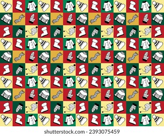 seamless geometric pattern of multicolored squares,tiles with different patterns doodle with winter clothes, coat,hat,mittens,boots,sweater