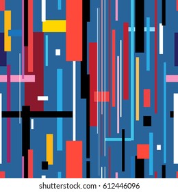 Seamless geometric pattern in multi-colored stripes on blue