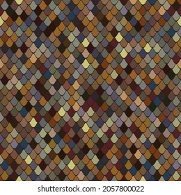 Seamless geometric pattern with multicolored wavy stripes made of diamond shape small elements. Orange, brown, and bronze scales on a black background. Reptile skin texture. Vector illustration.