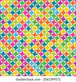 Seamless geometric pattern with multicolored wavy squares on a white background.  Rainbow colors. Checkered texture. Vector illustration for textile, wrapping, print, web, and decorative projects.