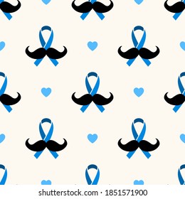 Seamless geometric pattern with mustache, blue ribbon and hearts. November awareness month symbol, vector illustration background. Backdrop for concept of prevention oncology and men health