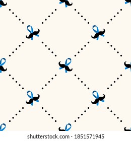 Nahtloses geometrisches Muster mit Schnurrbart, blauem Band und Polka-Punkt. Symbol für den November-Sensibilisierungsmonat, Vektorgrafik-Hintergrund. Hintergrund für das Konzept der Prävention Onkologie und Gesundheit der Männer