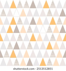 Seamless geometric pattern in muted natural shades of beige, gray, orange tones. Triangular shapes with wood texture. Scandinavian motifs.