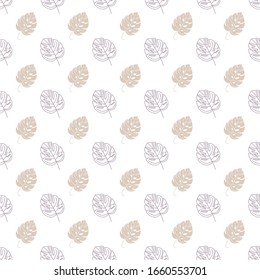 Seamless geometric pattern with natural elements. Leaves, blades of grass and twigs. Bulrush and wildflowers. Exotic tropical leaves of monstera.