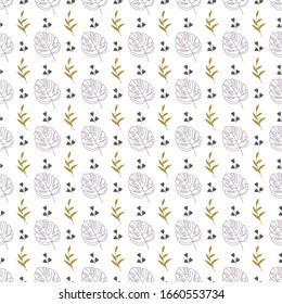 Seamless geometric pattern with natural elements. Leaves, blades of grass and twigs. Bulrush and wildflowers. Exotic tropical leaves of monstera.
