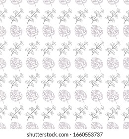 Seamless geometric pattern with natural elements. Leaves, blades of grass and twigs. Bulrush and wildflowers. Exotic tropical leaves of monstera.