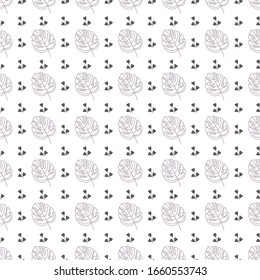 Seamless geometric pattern with natural elements. Leaves, blades of grass and twigs. Bulrush and wildflowers. Exotic tropical leaves of monstera.