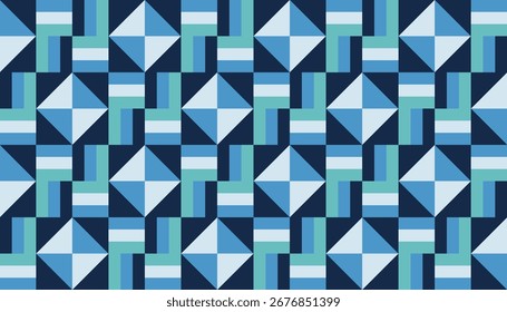 Seamless geometric pattern in navy blue, light blue, and teal with diamonds and stripes, modern abstract background