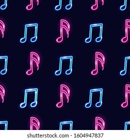Seamless geometric pattern with neon icons of music notes on dark background. Music concept for print or wrapping paper. Vector 10 EPS illustration.