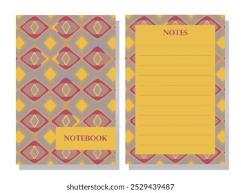 Seamless geometric pattern notebook cover stationery. Maroon, gray and yellow. Elegant, sophisticated. Eye-catching visually appealing. Versatile adaptable. High-quality design. Professional design.