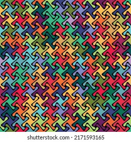 Patrón geométrico sin soldadura sobre un fondo negro. Pequeños elementos ondulados multicolores para un diseño decorativo. Ilustración vectorial. Perfecto para textil, envoltura, impresión, web, o como textura.