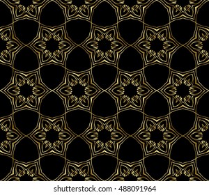 Seamless geometric pattern on a black background with the image of gold snowflakes. vector illustration. for greeting cards, banners, printing, ethnic ornament
