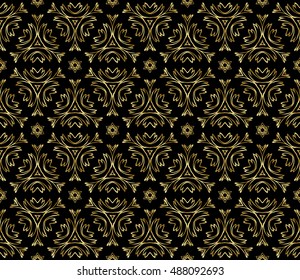 Seamless geometric pattern on a black background with the image of gold snowflakes. vector illustration. for greeting cards, banners, printing, ethnic ornament