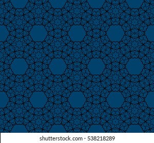 Seamless geometric pattern on blue background black floral ornament. vector illustration.