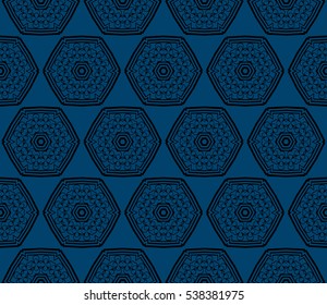 Seamless geometric pattern on blue background black floral ornament. vector illustration.