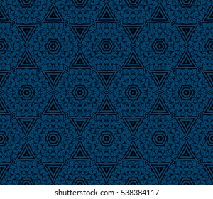 Seamless geometric pattern on blue background black floral ornament. vector illustration.