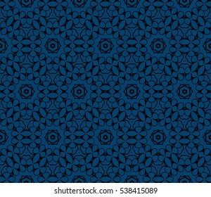 Seamless geometric pattern on blue background black floral ornament. vector illustration.