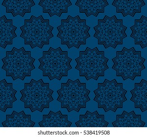 Seamless geometric pattern on blue background black floral ornament. vector illustration.