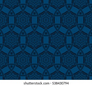 Seamless geometric pattern on blue background black floral ornament. vector illustration.