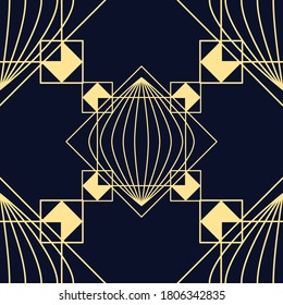 The seamless geometric pattern on dark blue. Art Deco background