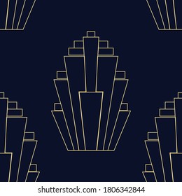 The seamless geometric pattern on dark blue. Art Deco background