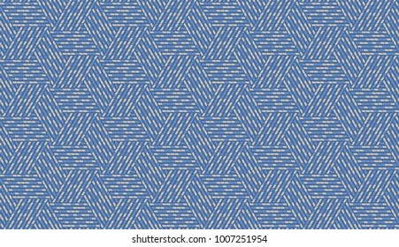 Seamless geometric pattern on white background. Imitation of embroidery with stitches and knitted sweater pattern. Blue shades and colors. Vector pattern similar to mosaic
