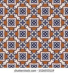 Seamless geometric  pattern in orange and blue, fabric repeating texture.