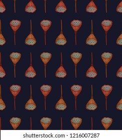 Seamless geometric pattern with orange dried lotus pods on dark background. Repeat botanical pattern. Vector illustration.