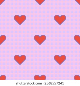 Seamless geometric pattern with orange hearts on a pastel purple background with mosaics grid. Retro-inspired design for romantic and playful projects