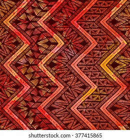 Seamless geometric pattern. Orange watercolor texture. Vertical black zigzags. Vector illustration. Ethnic motives.