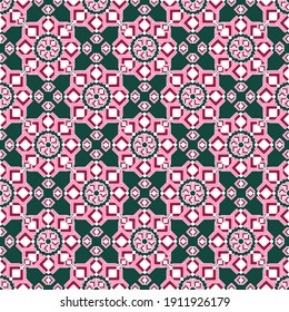 Seamless geometric pattern, oriental mosaic of curly stars, turquoise-green background. Great for decorating fabrics, textiles, gift wrapping design, any printed materials, including advertising.