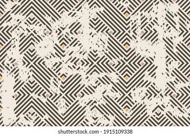 Seamless geometric pattern in oriental style with an effect of attrition. Abstract retro vector texture. Vintage shabby carpet. Lattice graphic design. Vector tiles pattern in brown and beige.