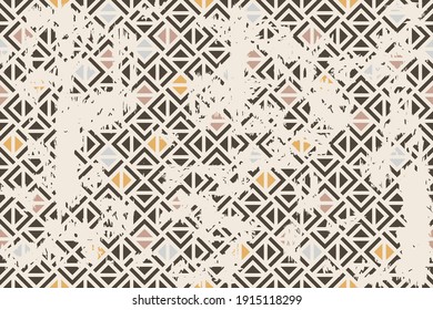 Seamless geometric pattern in oriental style with an effect of attrition. Abstract retro vector texture. Vintage shabby carpet. Lattice graphic design. Vector tiles pattern in brown and beige.