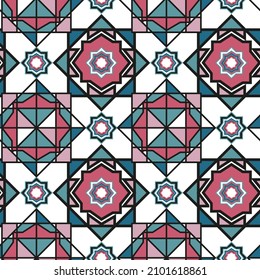seamless geometric pattern in oriental style. Turquoise, pink and white colors