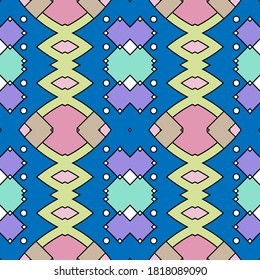 Seamless geometric pattern with original multicolor fantasy composition. Blue, pink and yellow colors. Vector illustration