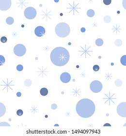 Seamless geometric pattern. Ornament circles and snowflakes blue shades on a white background. Theme of winter, snow, Christmas, New year. Vector
