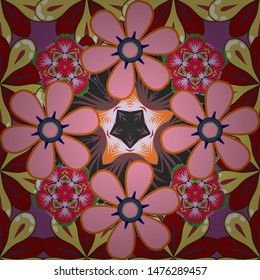 Seamless geometric pattern. Geometric ornament with pink, yellow and red elements. Vector seamless pattern with motley gradients. Abstract geometric sketch.