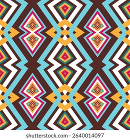 Seamless Geometric Pattern Ornament Traditional Native Tribal American Ethnic Light Blue White Yellow on Dark Red Background Design for background, rug, wallpaper, wrapping, cloth, fabric, textile