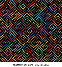 Seamless geometric pattern with ornamental striped squares on black background. African ethnic style. Vector illustration. For textile, packaging, print, web, and decorative projects.