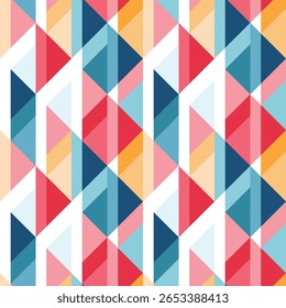 Padrão geométrico contínuo com diamantes e triângulos sobrepostos em vermelho, azul, azul, azul escuro, amarelo e branco em um layout angular moderno.