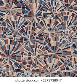 Seamless geometric pattern with overlapping segmented circles. Mosaic vintage style. Multicolored rectangle tiles in orange, blue, and brown on a white background. Vector illustration.