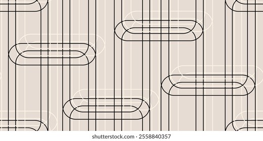 Seamless geometric pattern with overlapping vertical lines and oval shapes. Combining clean lines and neutral colors creates a minimalist yet elegant look. Vector illustration