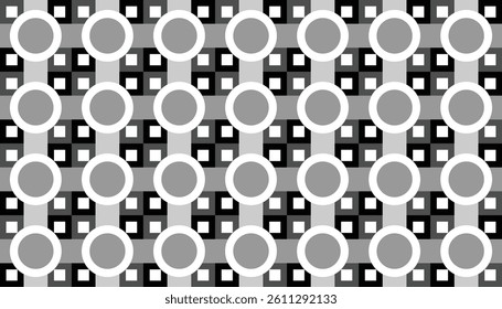 Seamless geometric pattern with overlapping white and gray circles over a grid of small black and white squares. Retro-futuristic style with monochrome palette