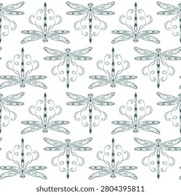 Seamless geometric pattern with pairs of lace dragonflies arranged in vertical rows Delicate outline contour illustrations on transparent background. Line art. Elegant Art Nouveau style.