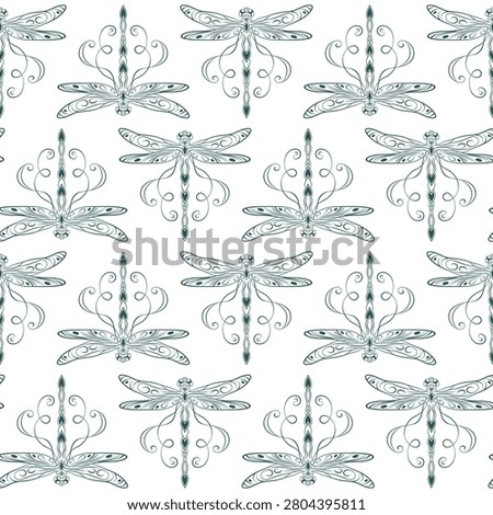 Seamless geometric pattern with pairs of lace dragonflies arranged in vertical rows Delicate outline contour illustrations on transparent background. Line art. Elegant Art Nouveau style.