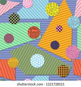 Seamless geometric pattern of paper polygons and circles.