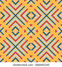 Seamless geometric pattern of parallel lines and bright hearts. Circular shape illusion. Vector illustration for web, card, paper. Spring and summer colors, yellow, pink, blue, pastel shades. EPS 10.