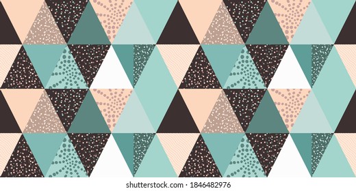 Seamless geometric pattern with pastel blue, black, and light beige triangles. Creative abstract print, triangle background with hand drawn stripe and polka dot. Simple minimalistic design.  Vector 