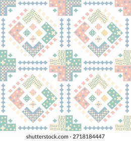 Patrón geométrico sin fisuras con cruces pastel y diamantes. Ilustración vectorial de fondo abstracto del estilo del arte del pixel. Lindo diseño de azulejos étnicos para Fondo de pantalla, tela y papel de embalaje.